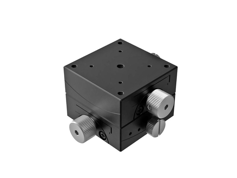 Goniometr 40X40mm, mosiężny wpust, 2-osiowy, +/-20 stopni, wysokość osi 35mm, przekładnia ślimakowa, gwint M3 — zdjęcie produktu, nr katalogowy GOH-40B35